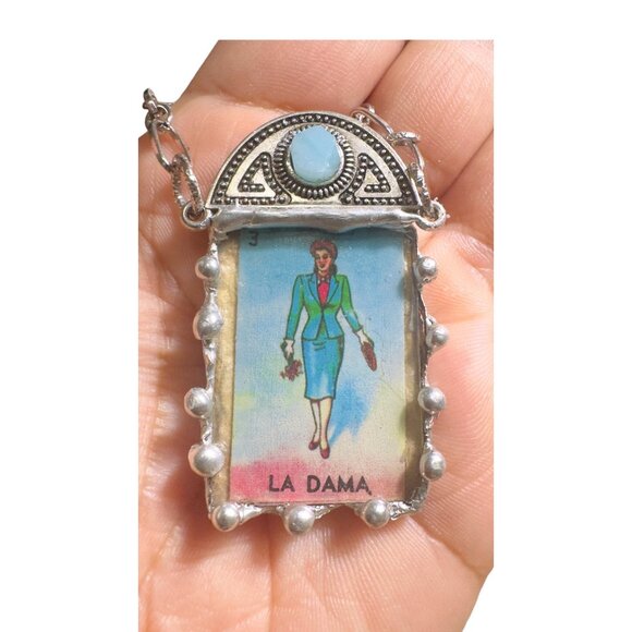 Silver & Glass Handcrafted Reversible Dama Bezel Pendant & Turquoise Skull Chain - Picture 1 of 15